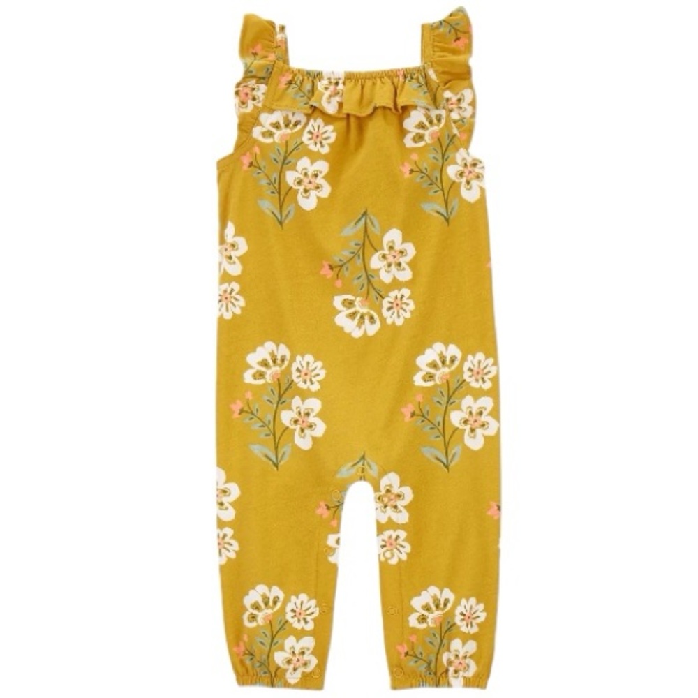 Carters Baby Infant Girl Tank Romper Mustard Yellow Floral Print Ruffle Size 24M